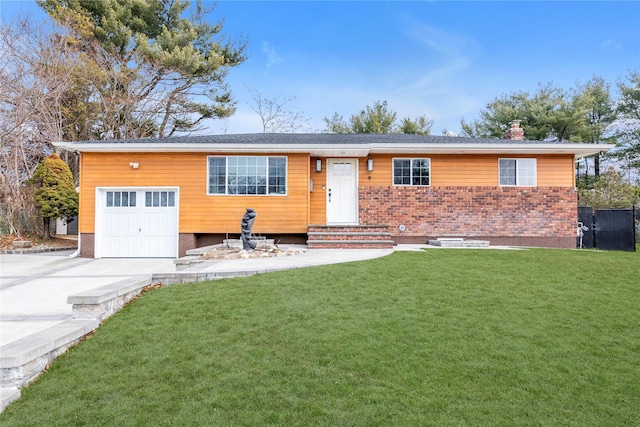 ranch-style house featuring an attached garage, a chimney, concrete driveway, a front lawn, and brick siding