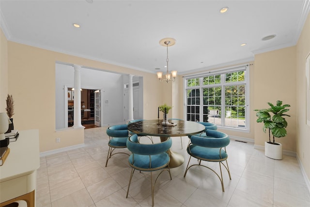 2 Camden Ct, Irvington, NY 10533 - dining space with crown molding, decorative columns, recessed lighting, a chandelier, and light tile patterned flooring