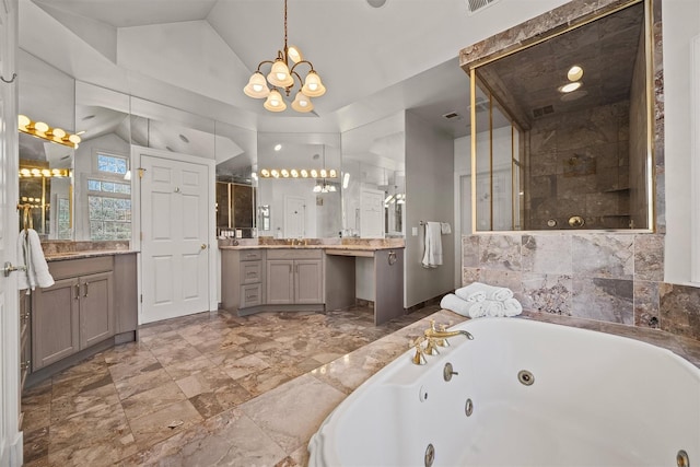 2 Camden Ct, Irvington, NY 10533 - full bath featuring vaulted ceiling, a chandelier, a jetted tub, a shower stall, and two vanities