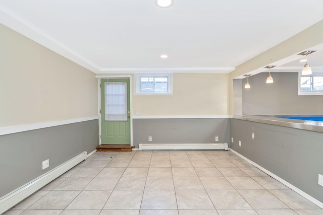 below grade area featuring light tile patterned floors, baseboards, baseboard heating, and recessed lighting