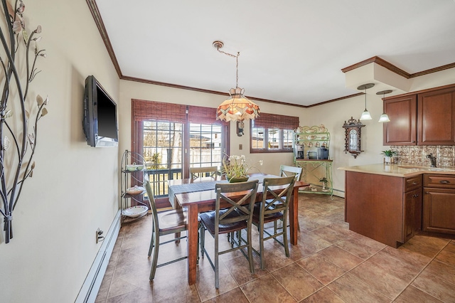 dining area with light tile patterned floors, baseboards, baseboard heating, and ornamental molding