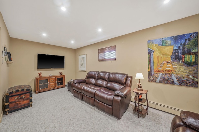 carpeted living room featuring recessed lighting and baseboard heating