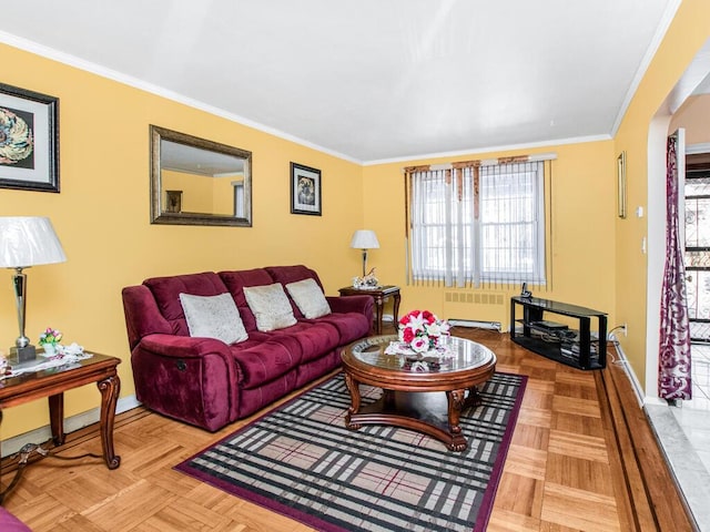 living area featuring crown molding, radiator, and baseboards