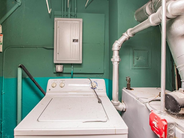 clothes washing area with washer / dryer, electric panel, and laundry area