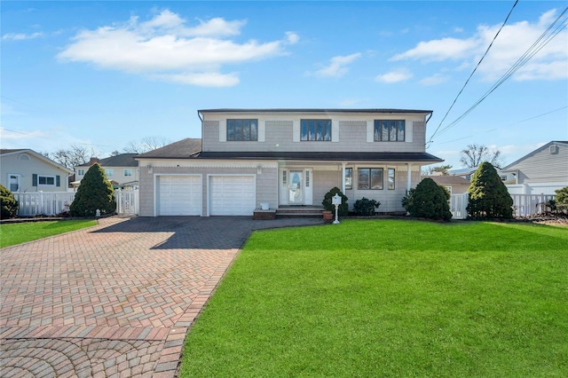 traditional home with a garage, decorative driveway, a front yard, and fence