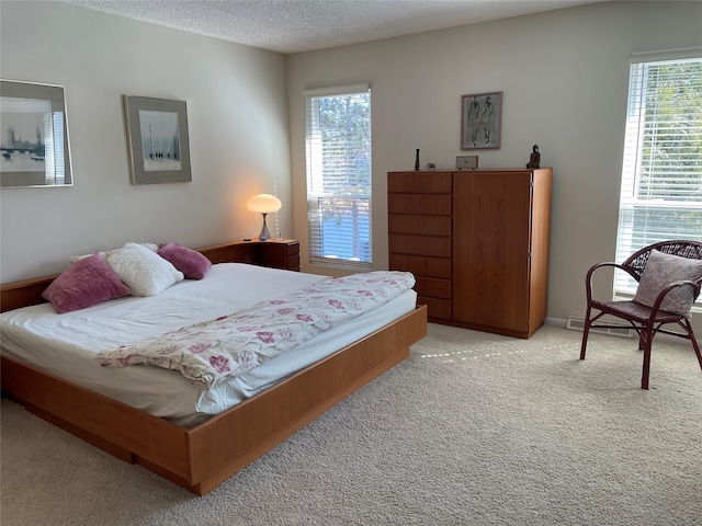 bedroom featuring a textured ceiling and carpet