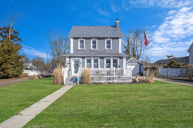 view of front of property with an outbuilding, roof with shingles, covered porch, a chimney, and a front lawn