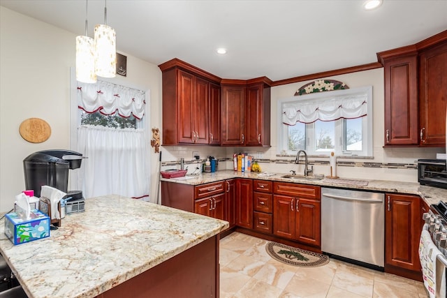 kitchen with a sink, light stone counters, tasteful backsplash, and stainless steel appliances