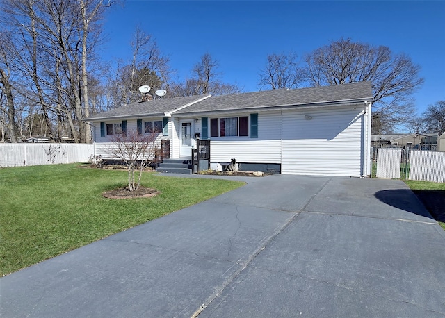 single story home featuring roof with shingles, a front lawn, and fence