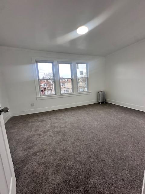 spare room featuring a wealth of natural light, dark carpet, and radiator heating unit