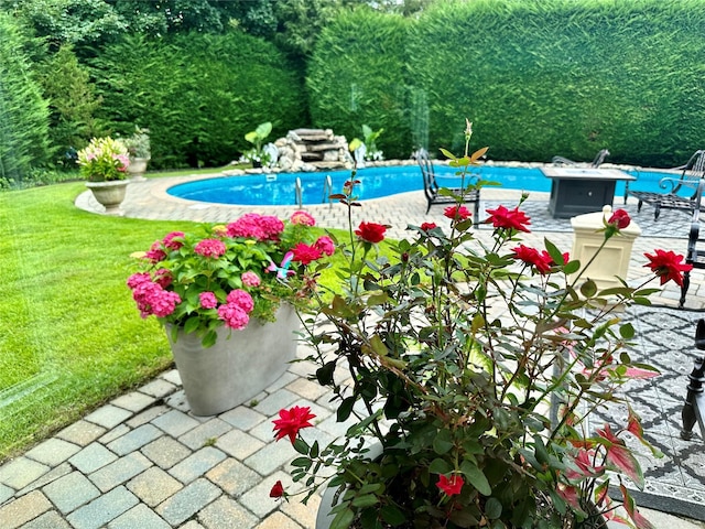 outdoor pool featuring a yard and a patio