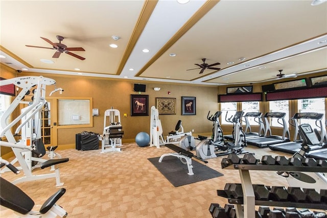 25 Fairways Dr Unit 1, Middletown, NY 10940 - workout area with ceiling fan, carpet, a raised ceiling, and recessed lighting
