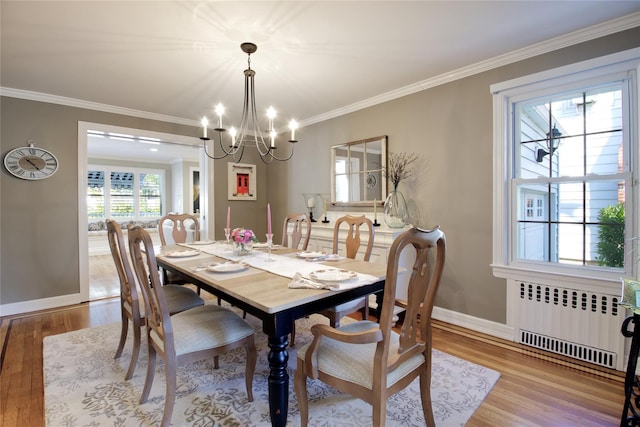 dining space featuring crown molding, radiator heating unit, and wood finished floors