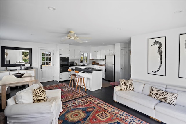 living area with a ceiling fan