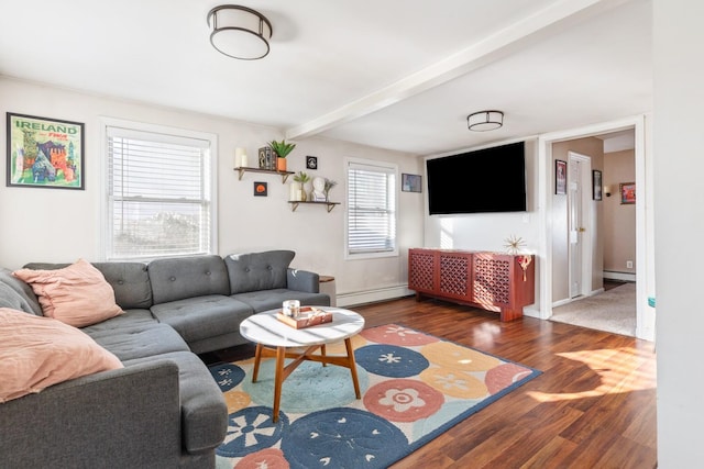 living room with baseboard heating, beamed ceiling, a baseboard radiator, and wood finished floors