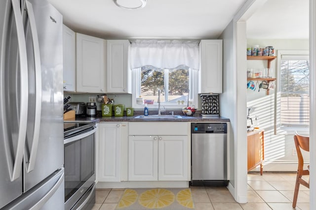 kitchen with a sink, dark countertops, white cabinetry, and stainless steel appliances