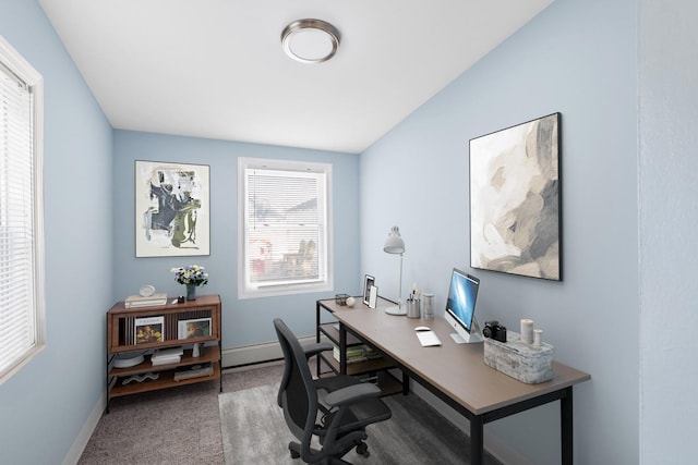 office featuring baseboards and carpet