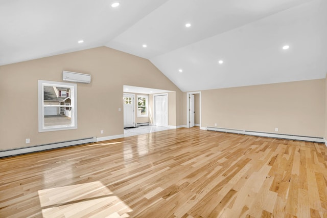 unfurnished living room featuring vaulted ceiling, light wood-style flooring, a wall mounted air conditioner, and a baseboard radiator