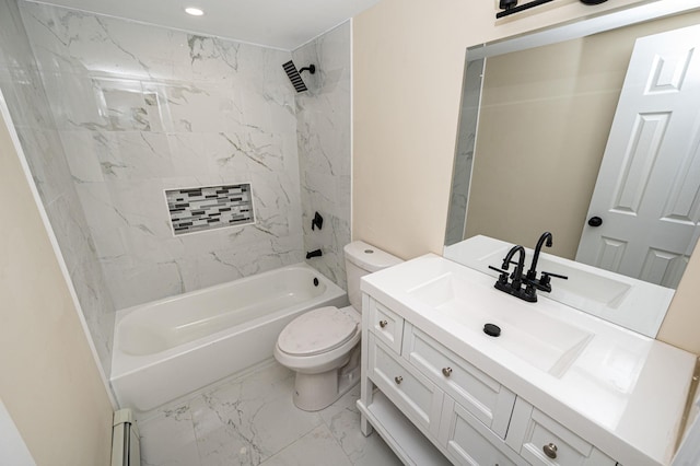 bathroom with toilet, baseboard heating, bathing tub / shower combination, marble finish floor, and vanity