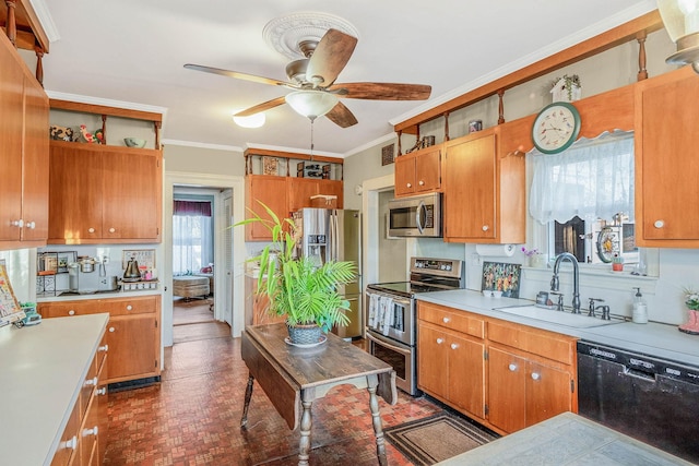 kitchen featuring open shelves, a sink, ornamental molding, light countertops, and stainless steel appliances