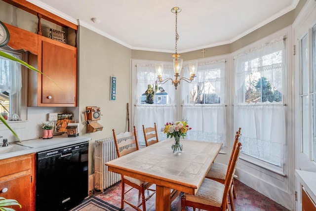 dining room with brick floor, a notable chandelier, ornamental molding, and radiator heating unit