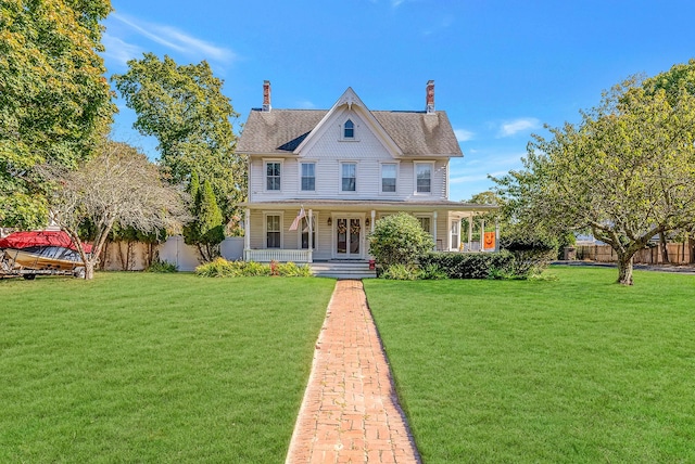 victorian home with a front lawn, a porch, and fence