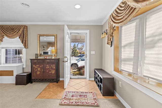 724 Thrush Ave, West Hempstead, NY 11552 - entryway with ornamental molding, tile patterned floors, recessed lighting, and baseboards