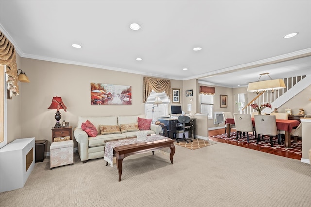 724 Thrush Ave, West Hempstead, NY 11552 - living room featuring recessed lighting, ornamental molding, an office area, light carpet, and stairway
