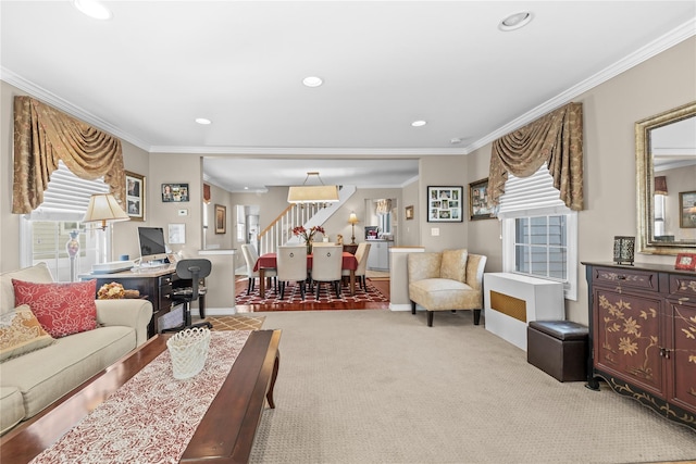 724 Thrush Ave, West Hempstead, NY 11552 - living area with stairs, recessed lighting, carpet floors, crown molding, and baseboards