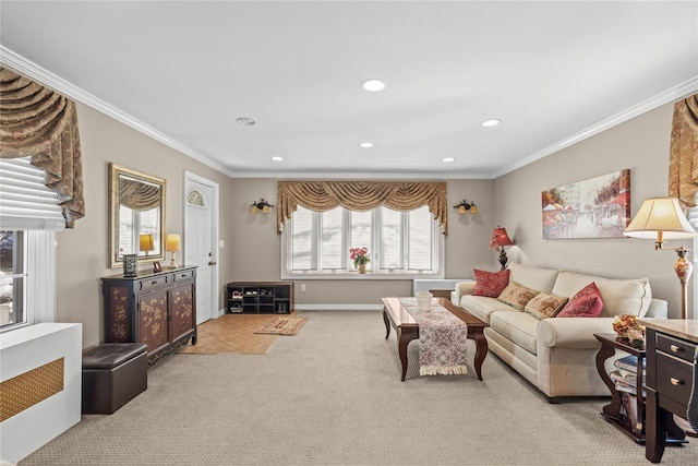 724 Thrush Ave, West Hempstead, NY 11552 - carpeted living room featuring recessed lighting, ornamental molding, and baseboards