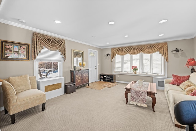 724 Thrush Ave, West Hempstead, NY 11552 - carpeted living area featuring ornamental molding, recessed lighting, and baseboards
