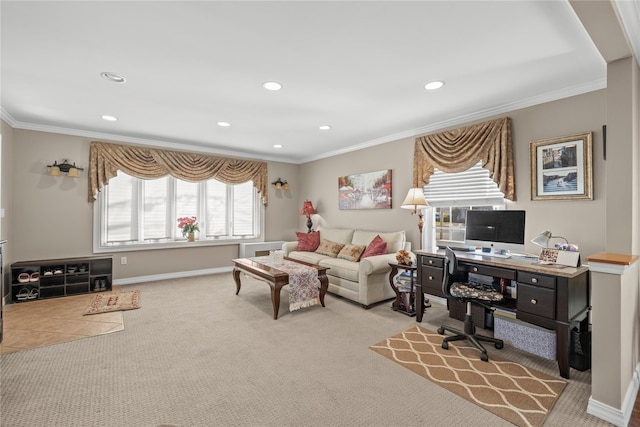 724 Thrush Ave, West Hempstead, NY 11552 - living area with carpet floors, recessed lighting, ornamental molding, a desk, and baseboards
