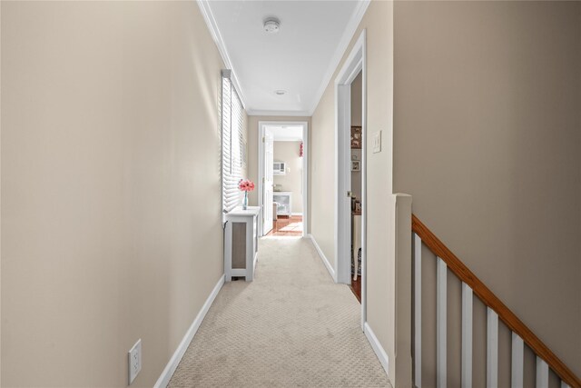 724 Thrush Ave, West Hempstead, NY 11552 - hall featuring light colored carpet, an upstairs landing, ornamental molding, and baseboards
