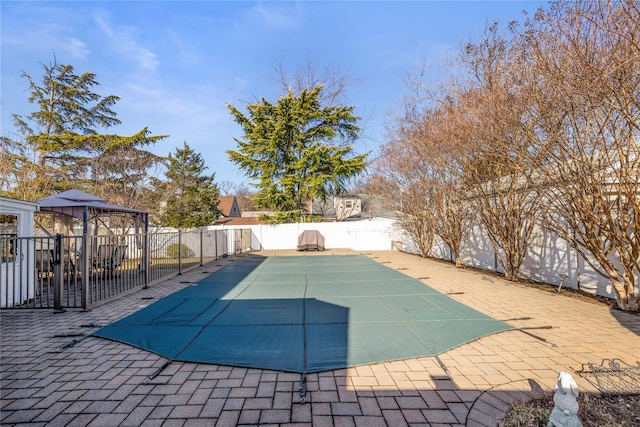 724 Thrush Ave, West Hempstead, NY 11552 - view of swimming pool featuring a fenced backyard, a gazebo, and a patio