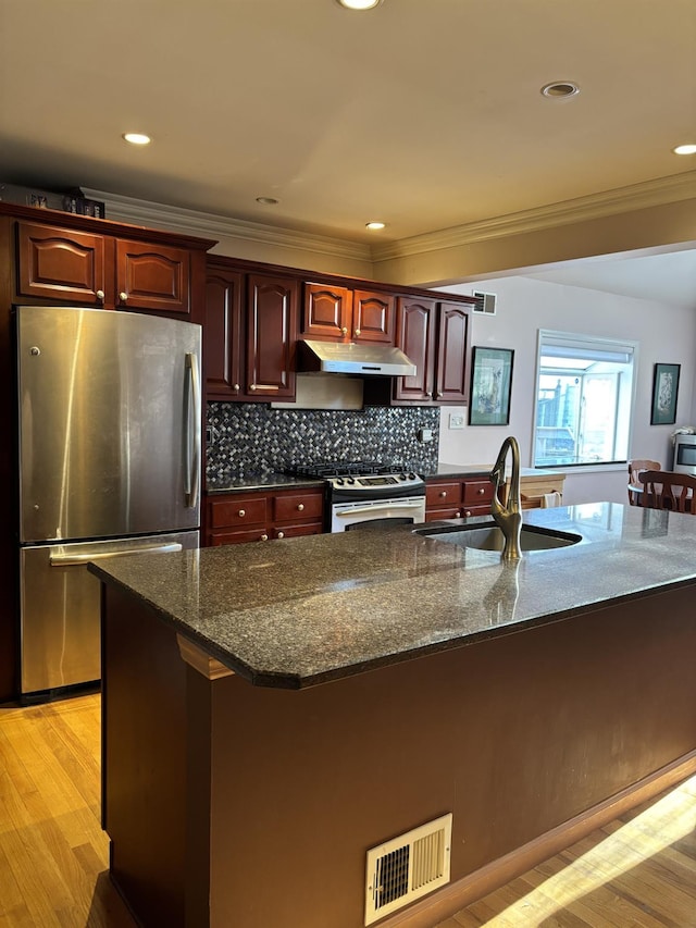 kitchen featuring a sink, visible vents, appliances with stainless steel finishes, and under cabinet range hood