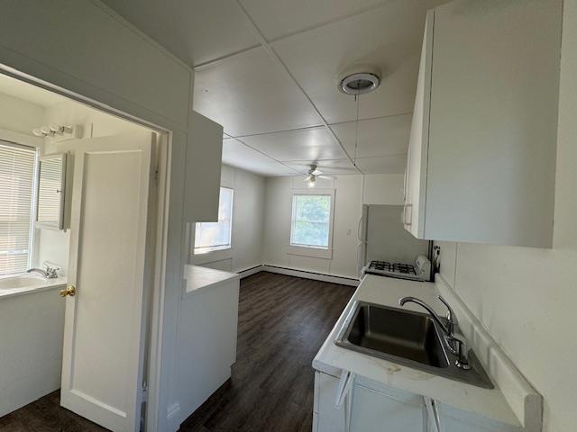 64 Rosman Rd, Thiells, NY 10984 - kitchen with dark wood-style flooring, a sink, light countertops, white cabinets, and freestanding refrigerator