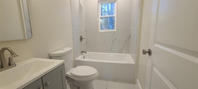 full bath with toilet, bathing tub / shower combination, vanity, and marble finish floor