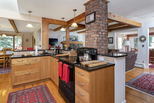 kitchen featuring a baseboard radiator, black / electric stove, open floor plan, and light wood-style flooring