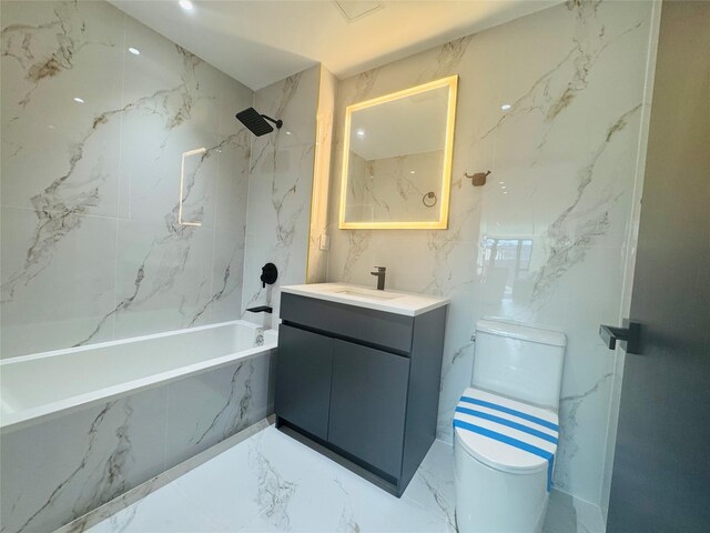 108-15 72nd Ave Unit 5A, Forest Hills, NY 11375 - bathroom featuring marble tiled flooring, stone wall, toilet, and vanity