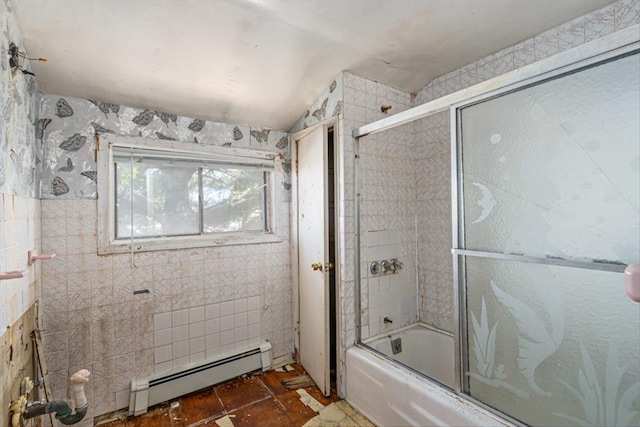 bathroom with a baseboard heating unit, tile walls, vaulted ceiling, and enclosed tub / shower combo