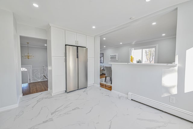 bedroom featuring recessed lighting, a baseboard radiator, crown molding, and freestanding refrigerator