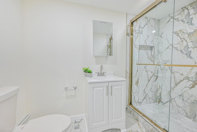 bathroom featuring vanity, baseboards, a marble finish shower, toilet, and marble finish floor