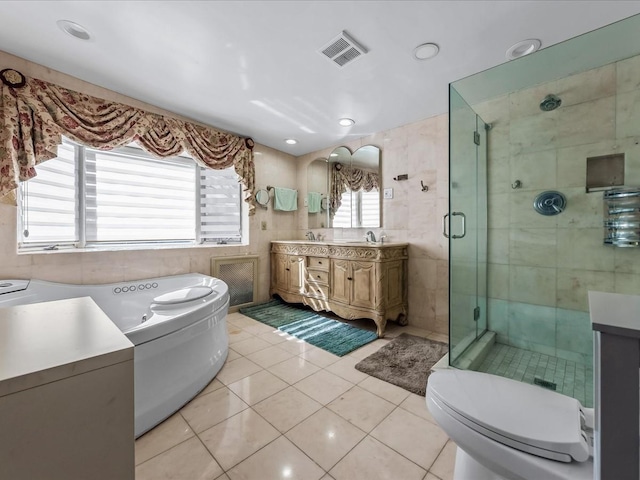 full bath featuring tile patterned flooring, visible vents, double vanity, a stall shower, and a bath