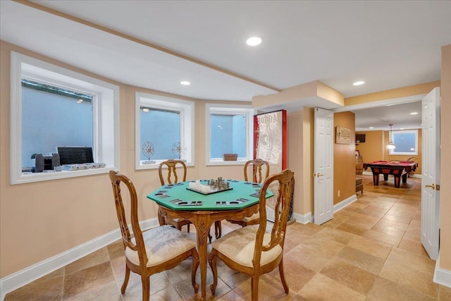 dining room with billiards, recessed lighting, and baseboards