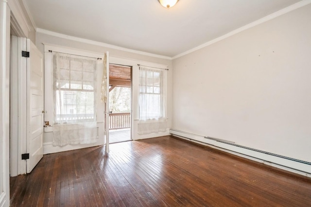 unfurnished room with crown molding, wood-type flooring, and a baseboard radiator