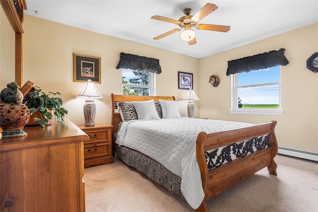 2100 Duck Pond Rd, Cutchogue, NY 11935 - bedroom featuring light colored carpet, multiple windows, ceiling fan, and a baseboard heating unit