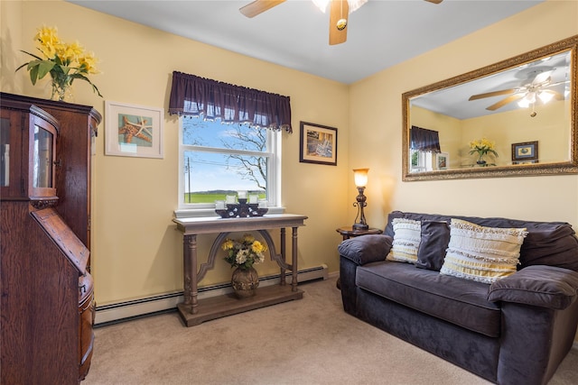 2100 Duck Pond Rd, Cutchogue, NY 11935 - living room featuring a ceiling fan, carpet, and a baseboard heating unit