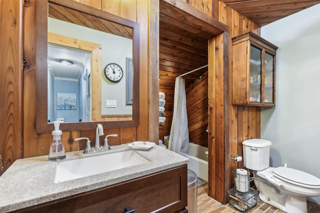 full bath featuring shower / bathtub combination with curtain, toilet, wooden ceiling, crown molding, and vanity