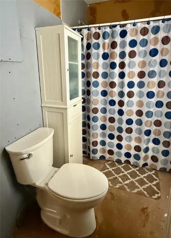 full bathroom featuring toilet and a shower with curtain