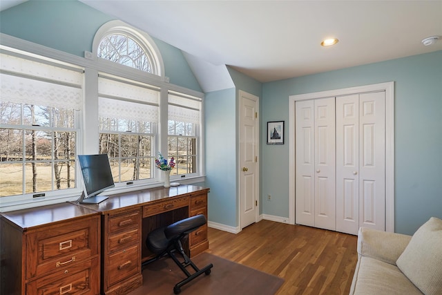 office area with baseboards, recessed lighting, lofted ceiling, and dark wood-style floors